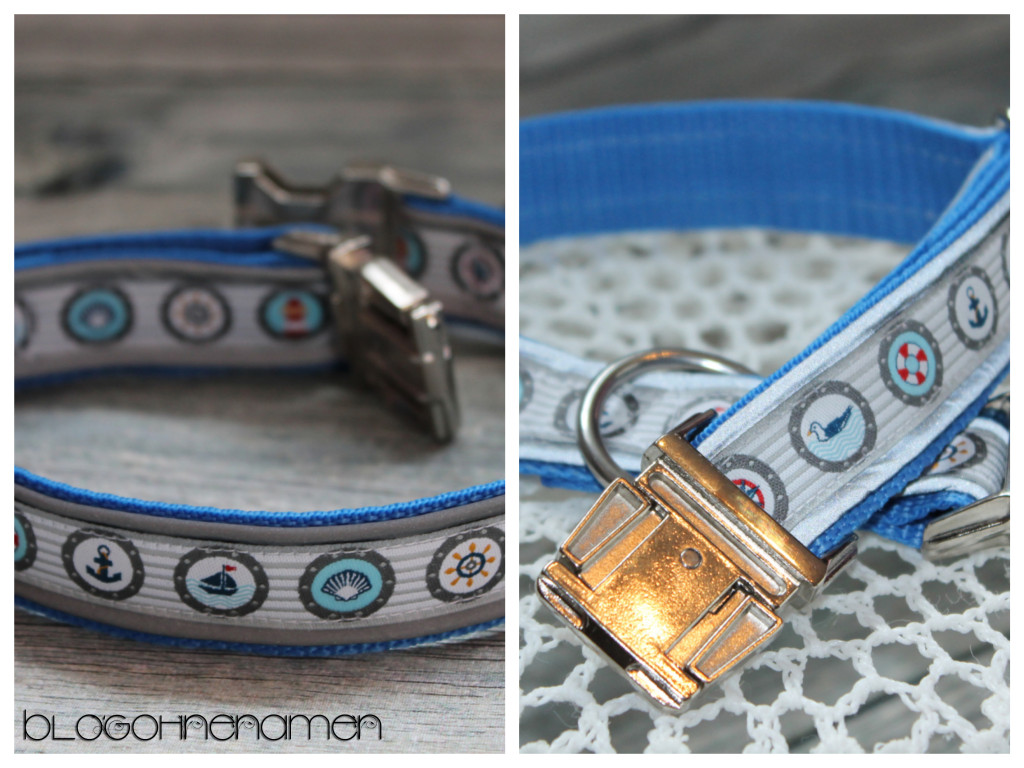 Hundehalsband mit reflektierender Paspel und Webband im maritimen Stil.