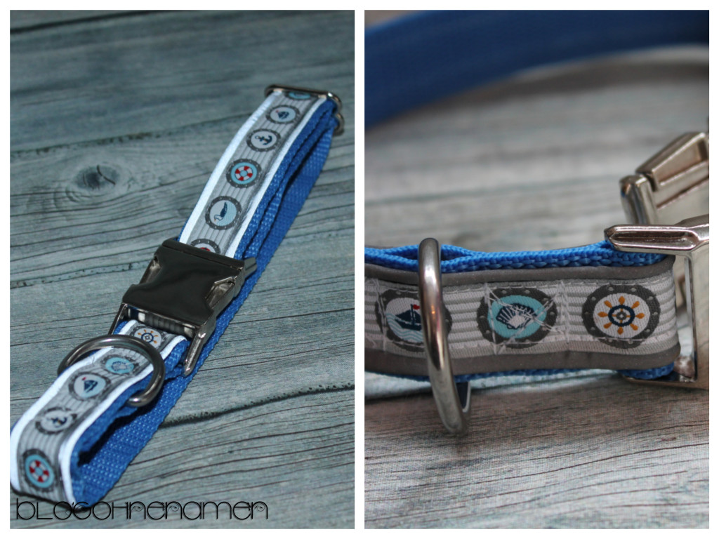 Hundehalsband mit reflektierender Paspel und Webband im maritimen Stil.